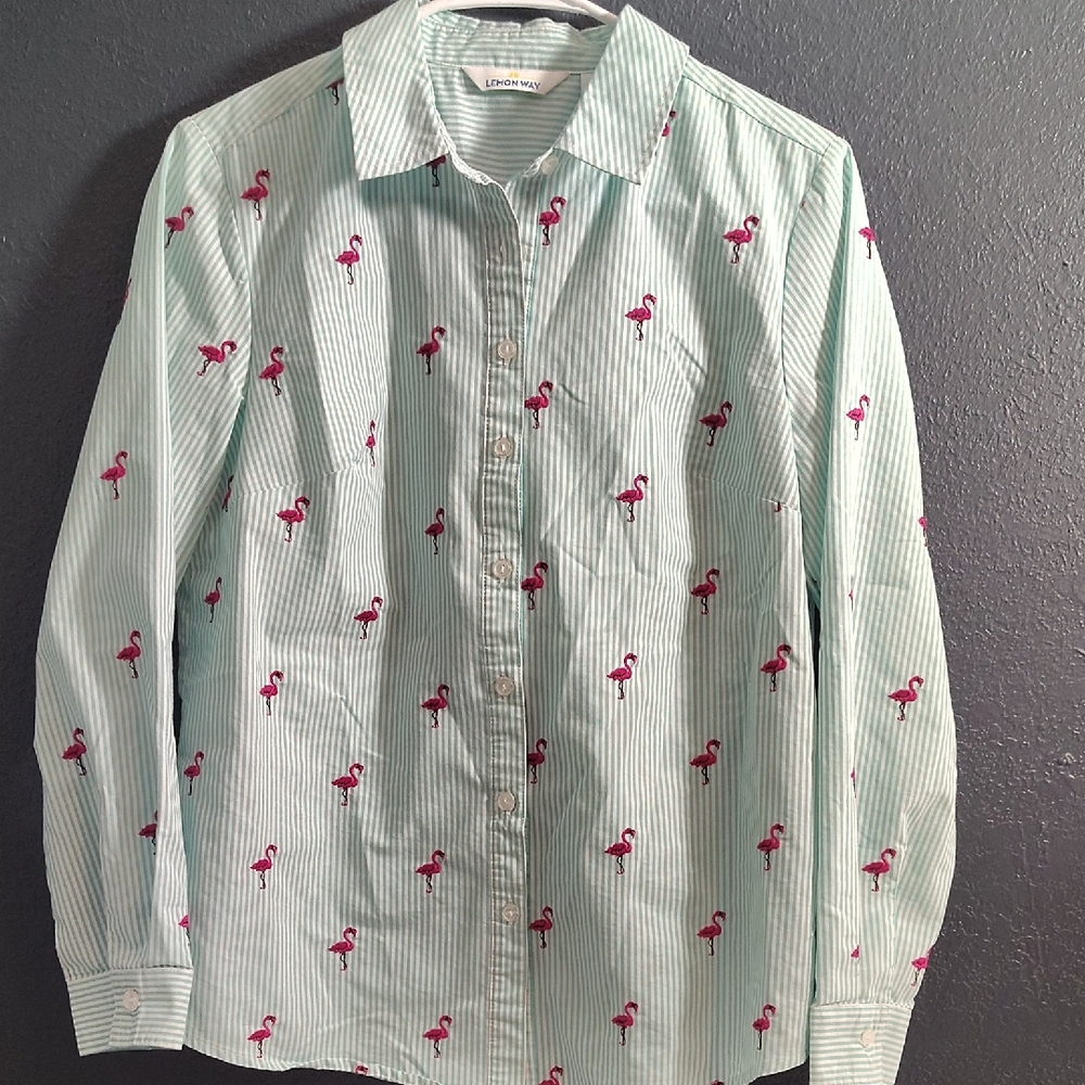 Lemon Mint Stripe Button-Down Shirt with Pink Flamingo Embroidery